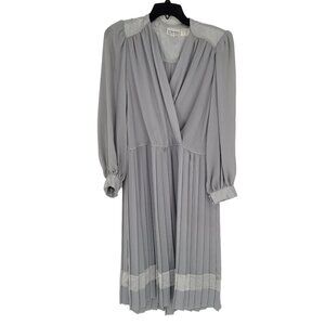 In the Mood womens 8 Vintage gray long sleeve pleated skirt dress chiffon trim